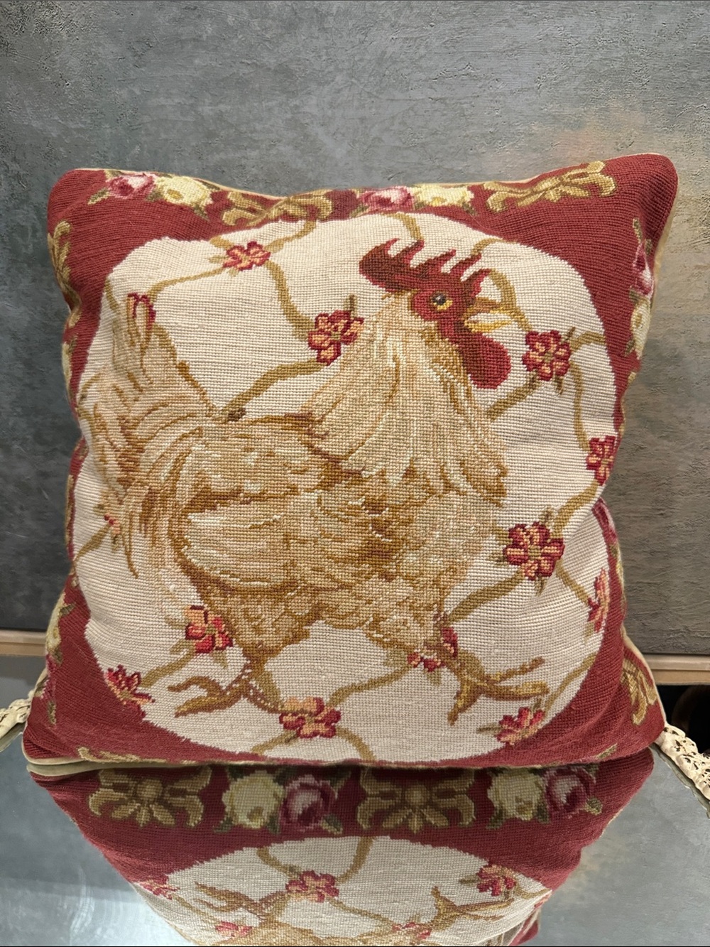 Classic French Country Theme Rooster Design Embroidery Pillow 15”